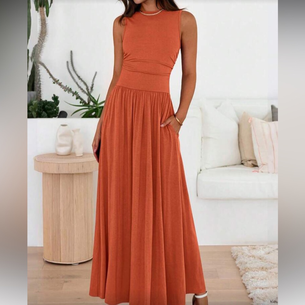 Elegant Orange Sleeveless Maxi Dressp